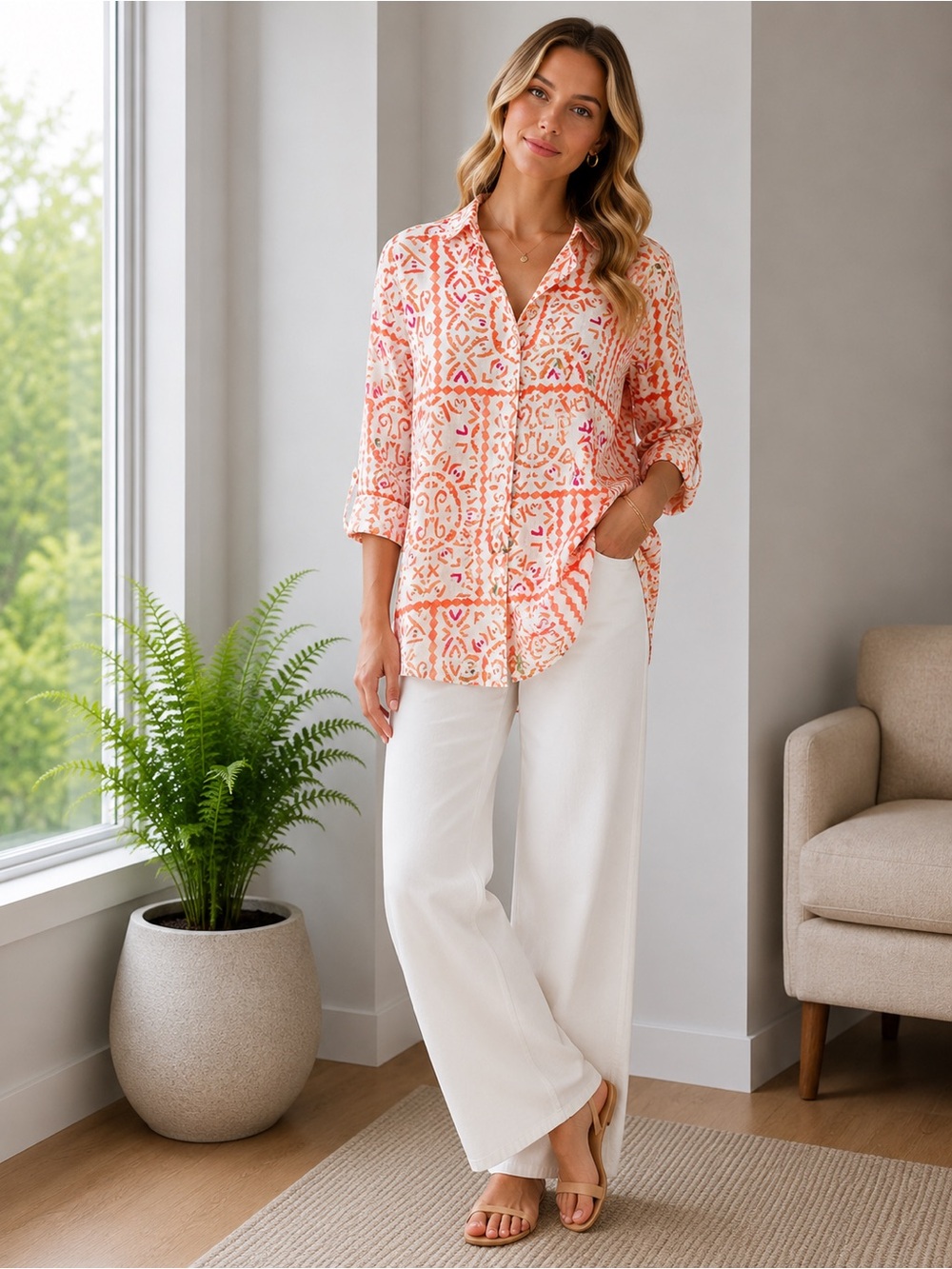 Linen blend button down shirt tunic in off white orange boho pattern size M